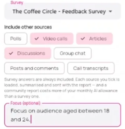 The report set-up in the product tour: a survey chosen, video calls, articles and discussions ticked as extra sources, and a focus on members aged 18 to 24.