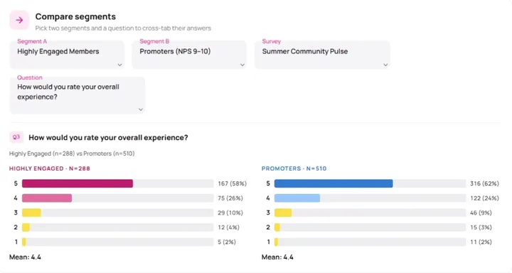 Two saved segments, Highly Engaged Members (288 people) and Promoters (510 people), compared side by side on a one-to-five rating, each with its average.