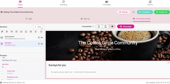 The Designer's Pages tab editing The Coffee Circle's community page, with its sections listed on the left and the live preview on the right.