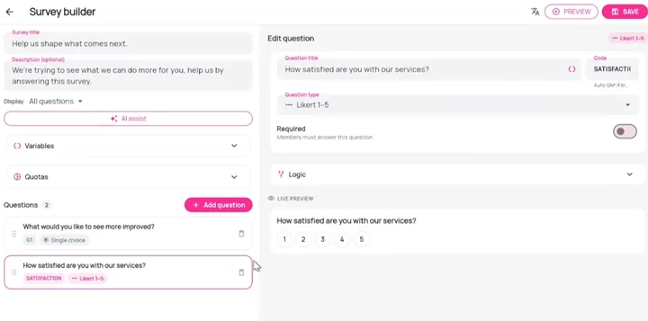 The survey builder from the product tour: a two-question survey, a rating-scale question being edited, the settings for who sees which question and how many answers to collect, and a live preview.