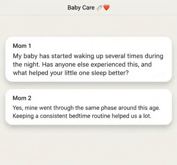 A discussion room called Baby Care, where one parent asks about night waking and another replies that a steady bedtime routine helped.