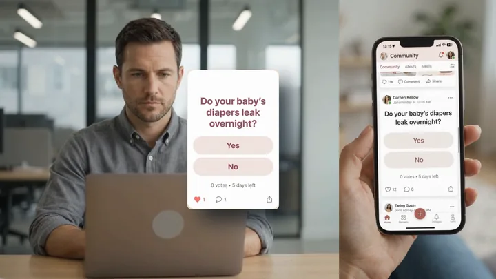 From the case-study film: a researcher at his laptop beside the poll he has posted, and the same poll in the community feed on a member's phone.