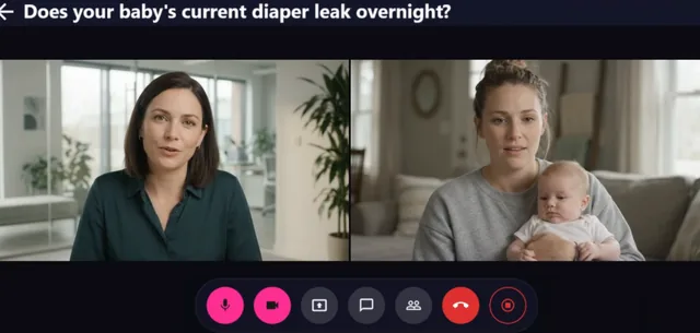 A researcher interviews a parent holding a baby on a video call in the browser, in a session about overnight leaks.