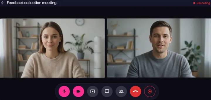 A recorded call titled Feedback collection meeting, with two participants side by side, a Recording mark and the call controls along the bottom.