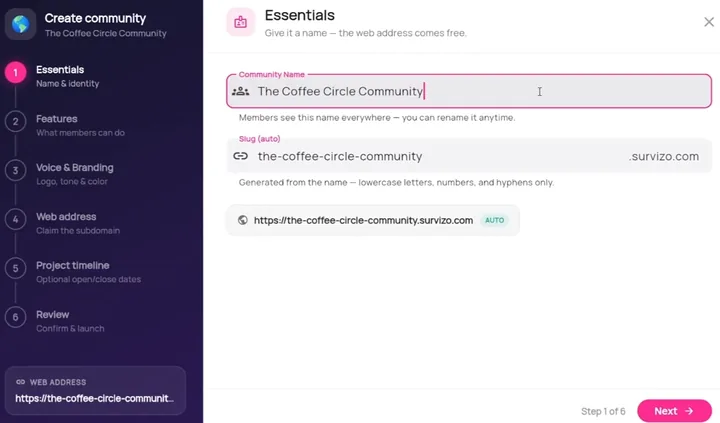 The set-up screen on its first step, showing the name The Coffee Circle Community, its suggested survizo.com address and the six steps down the left.