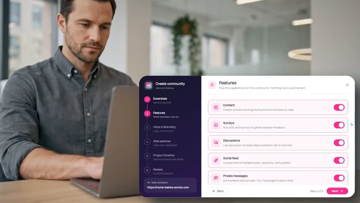 A researcher choosing a new community's features during set-up, with its web address shown below the steps.