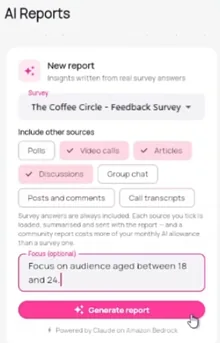 The report's set-up screen: the survey, the other sources ticked to include, and an optional focus.