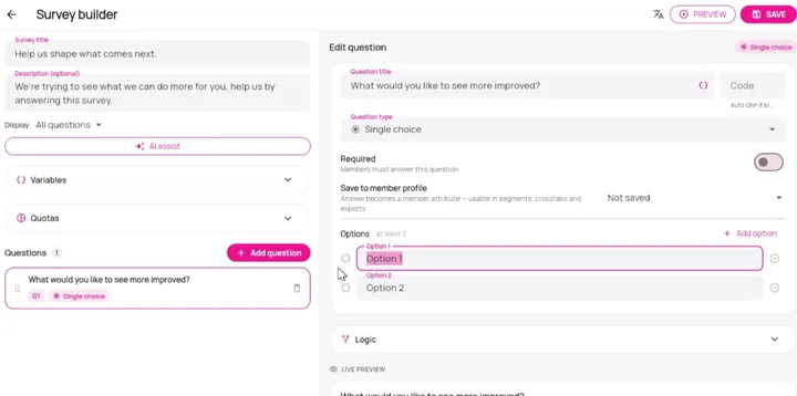 The survey builder's Edit question panel, showing a single-choice question with its options, the Code field and the Logic section below.