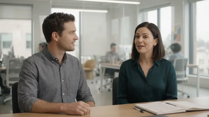 An insight lead and a colleague at their desk, talking a study through.